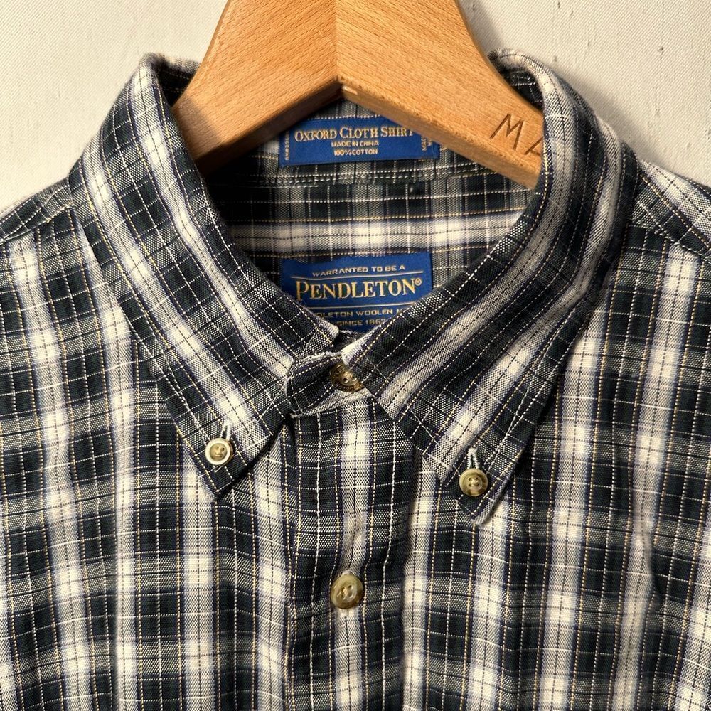 Pendleton Oxford Mens Plaid Black & White Green Long Sleeve Button Shirt Large